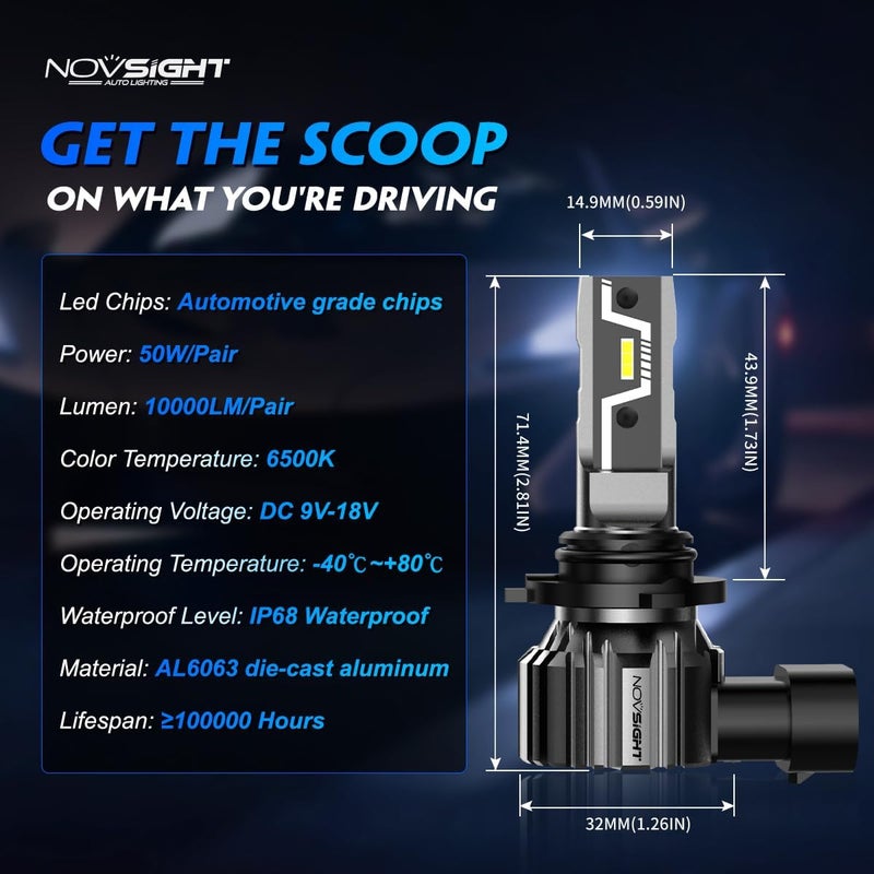 NOVSIGHT 9006 HB4 لمبات LED - 500% 20,000LM أكثر سطوعًا 6500K ضوء أبيض بارد، تصميم 1:1 عمر افتراضي 50000+، تركيب سهل، 9006 HB4 مصابيح ضباب سيارات، عبوة من 2 - Image 5